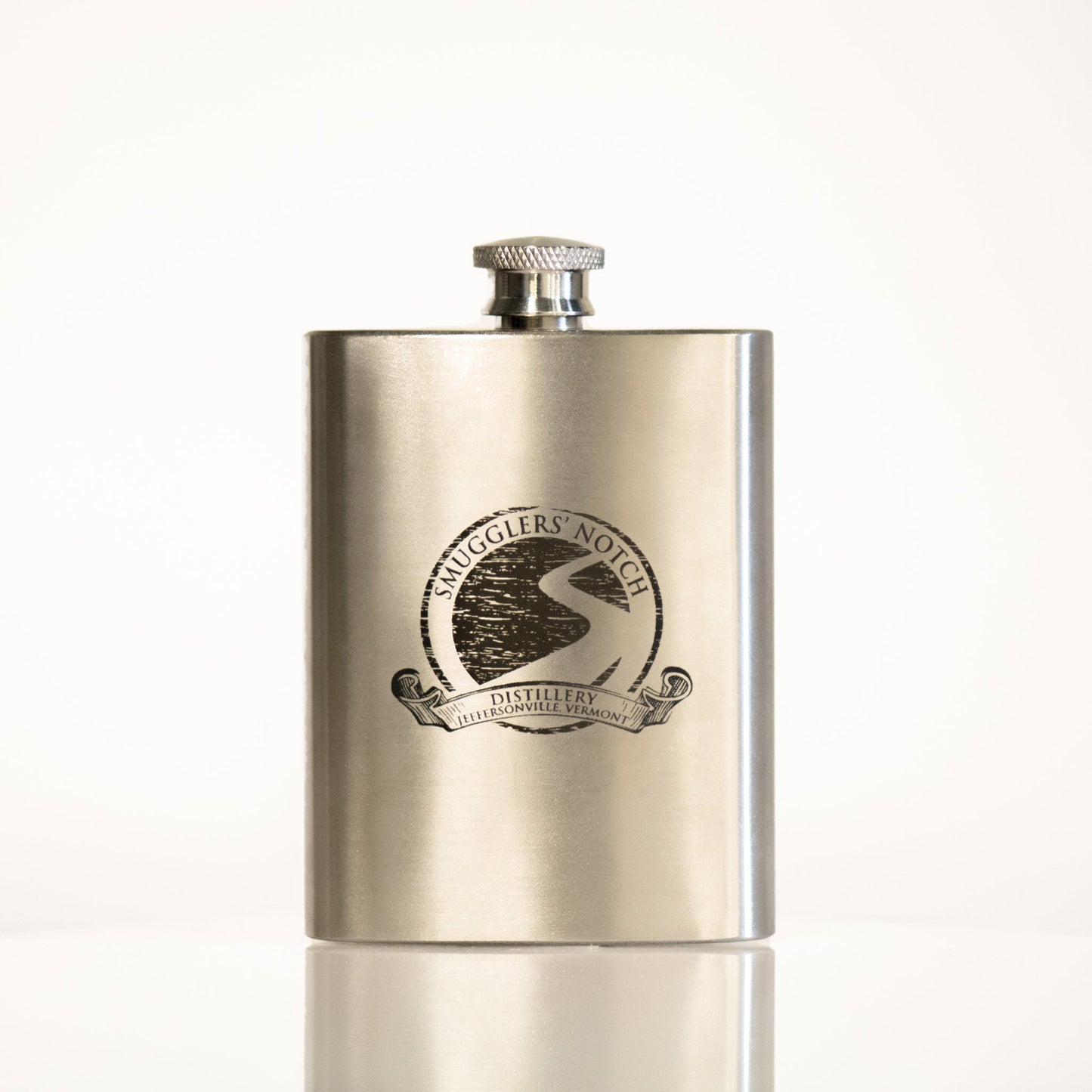 Classic Stainless Steel Hip Flask with Vintage Logo, 4 oz | Smugglers' Notch Distillery Online Store